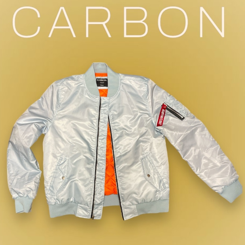 ✈️ CARBON // ‘Ready for Flight’ Sky Blue Vintage Bomber Jacket Sz Large